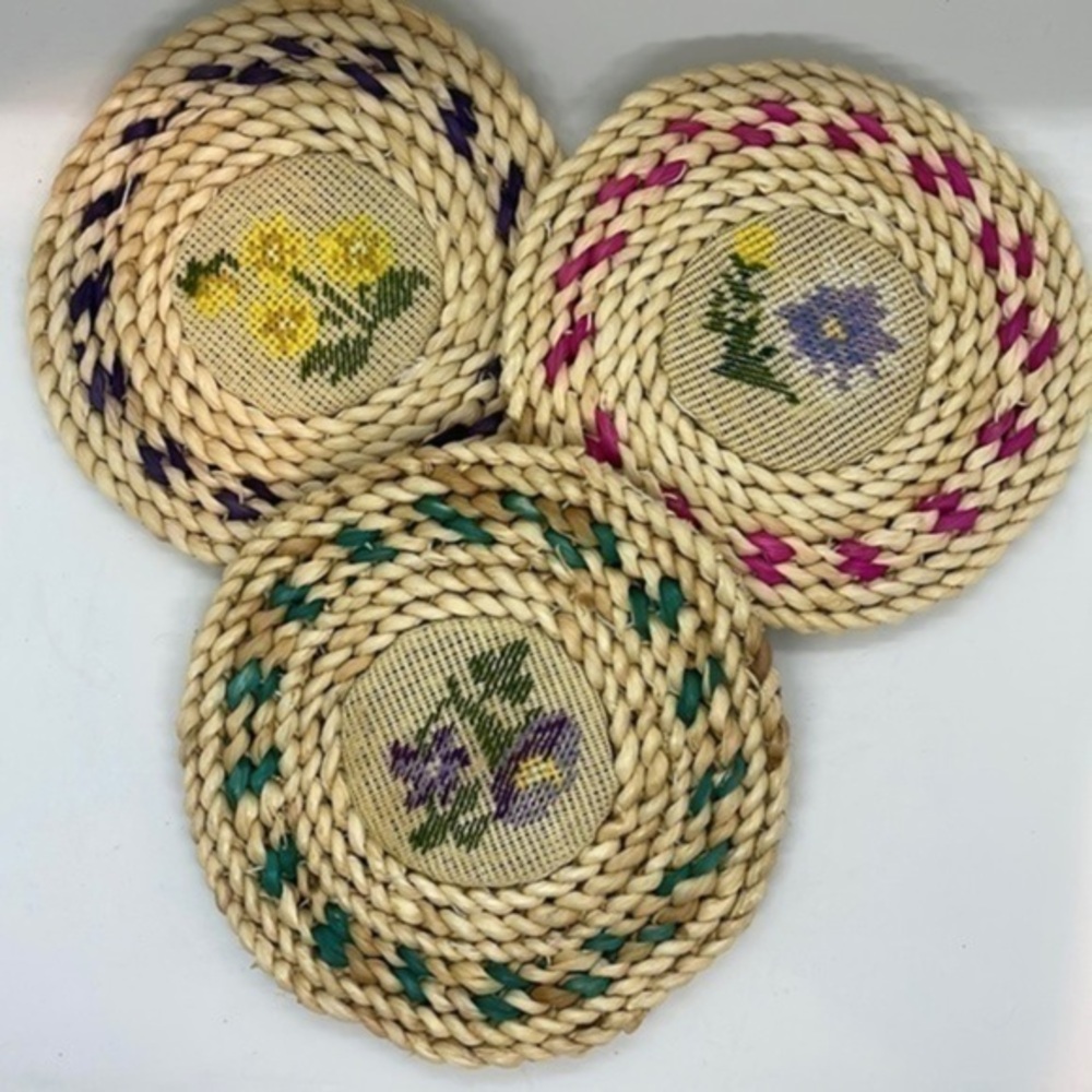 3 Vintage Rattan Woven Raffia Embroidered Needlepoint floral kitchen hot pads